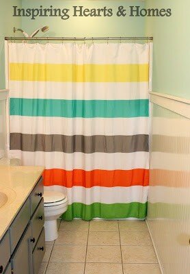 striped shower curtain, kids bathroom, inspiring hearts and homes